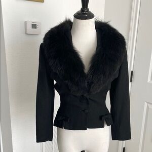 Lilli Ann Black Fox Fur-Trimmed Wasp Waist Cut Women's Jacket with Bows